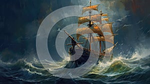 Ferrie In A Storm Ocean. Generative AI