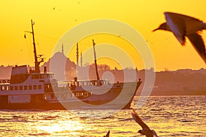 Ferries, seagulls and Suleymaniye Mosque in Istanbul