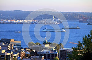 Ferries transport in Seattle bay.