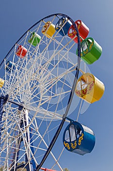Ferris Wheel Close Up on Empty Blue Sky Background