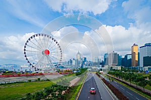 The ferris wheel, Hong Kong Observation Wheel, and amusement park for kids in holiday vacation and travel trip concept. Hong Kong