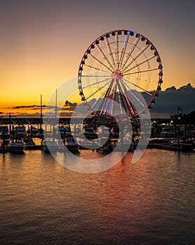 Ferris wheel at National Harbor at sunset