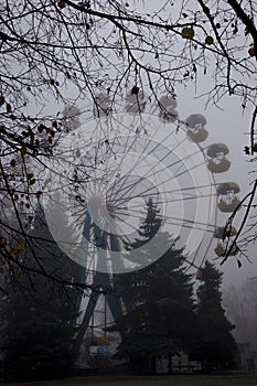 Ferris wheel in an old abandoned park in the autumn in thick fog