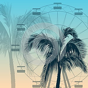 Ferris wheel and palm tree silhouette background