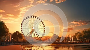 Ferris wheel in the park against the background of sunset