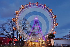 Ferris wheel in Prater, at night - landmark attraction in Vienna, Austria