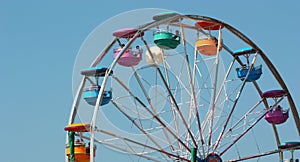 Ferris wheel ride, with clear blue sky