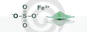 Ferrous Sulfate in chemical watch glass with chemical structure, a medicine used to treat and prevent iron deficiency anaemia