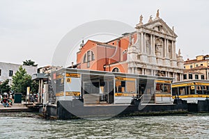 Ferrovia Vaporetto water bus stop on Grand Canal in Venice, Italy, view from water