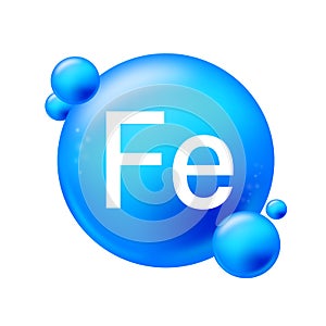 Ferrum, Fe. Icon structure chemical element round shape circle light blue. Chemical element of periodic table