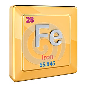 Ferrum, iron Fe chemical element sign with number 26 in periodic table. 3D rendering