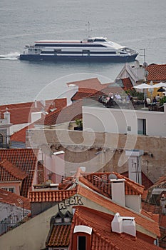 Ferry approaching Lisbon in Portugal