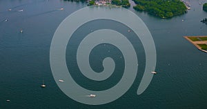 Ferry boat float in lake Ontario, Canada. Beautiful slow motion shot of floating ferry in lake near airport during day