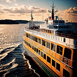 Ferry, boat ocean vessel to transport passengers over water