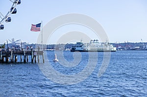 Ferry Boat sailing into Port on the Puget Sound, Seattle in Washington