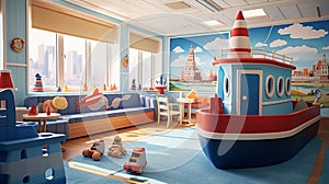 Ferry boat: Seagoing transport with children\'s playroom.AI Generated photo