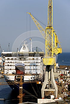 Ferry-boat under construction in a shipyard