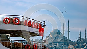 Ferry, flag of Turkey and Suleymaniye Mosque