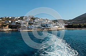 Ferry leaving the harbor on the island of Donousa  Greece.