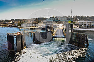 Ferry Leaving From The Mukilteo Terminal to Whidbey Island On A Beautiful Winter Sunny Morning