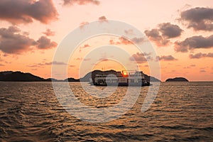 Ferry from mainland to Koh Chang at sunset time