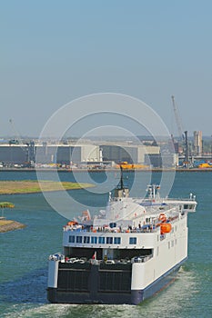 Ferry in port water area. Warnemunde, Rostock, Germany