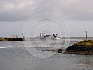 Ferry Rottum departs Lauwersoog, crossing Waddensea to Schiermonnikoog, Netherlands