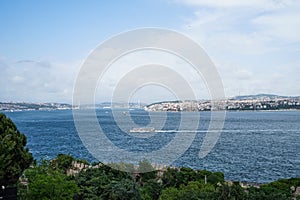 Ferry ship sailing across Bosporus strait which connected Black sea and sea of Marmara with Istanbul Asia side and bridge