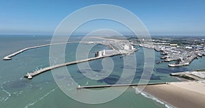 Ferry terminal at Calais, France, aerial drone view.