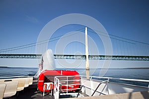 Ferry To Mackinaw Island With Mackinac Bridge