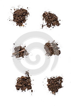 Fertile garden soil texture background top view isolated on white