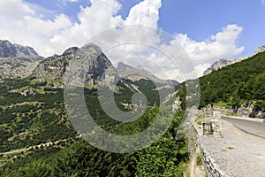 Fertile landscape in the dinaric alps with green forests on the way from shkodar to theth in Albania