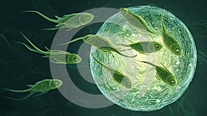 Fertilization process with microscopic sperm cells approaching egg