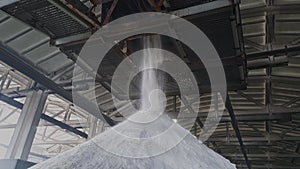 Fertilizers powder pour in a pile inside a warehouse of chemical plant.