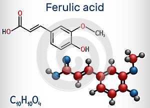 Ferulic acid, coniferic acid, C10H10O4 molecule. It is phenolic acid, an antioxidant, an anti-inflammatory agent, an apoptosis