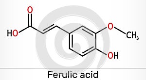 Ferulic acid, coniferic acid, C10H10O4 molecule. It is phenolic acid, an antioxidant, an anti-inflammatory agent, an apoptosis