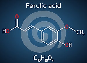 Ferulic acid, coniferic acid, C10H10O4 molecule. It is phenolic acid, an antioxidant, an anti-inflammatory agent, an apoptosis