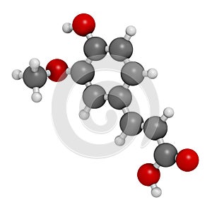 Ferulic acid herbal antioxidant molecule. 3D rendering. Atoms are represented as spheres with conventional color coding: hydrogen
