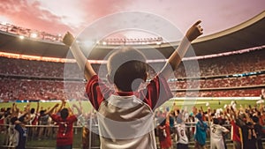 Children football aficionado celebrates team victory from stands, Generative AI photo