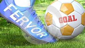 Fervor and a life goal - pictured as word Fervor on a football shoe to symbolize that Fervor can impact a goal and is a factor in photo