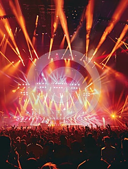 The fervor of a live concert is palpable as energetic fans engage with the music under a dynamic display of stage lights