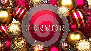 Fervor and Xmas, pictured as red and golden, luxury Christmas ornament balls with word Fervor to show the relation and photo