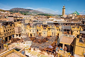 Fes, Morocco. Old town panorama,tanneries and tanks with color paint for leather