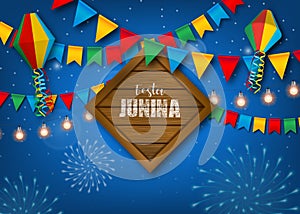 Festa Junina background with colorful pennants and balloons. Brazilian June festival poster.