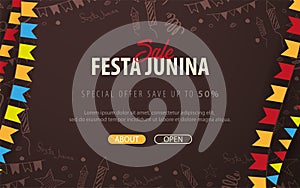 Festa Junina background with hand draw doodle elements and party flags. Brazil or Latin American holiday. Vector illustration.