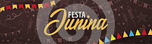 Festa Junina background with hand draw doodle elements and party flags. Brazil or Latin American holiday. Vector illustration.