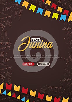 Festa Junina background with hand draw doodle elements and party flags. Brazil or Latin American holiday. Vector illustration.