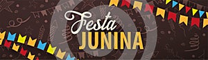 Festa Junina background with hand draw doodle elements and party flags. Brazil or Latin American holiday. Vector illustration.