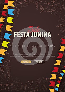 Festa Junina background with hand draw doodle elements and party flags. Brazil or Latin American holiday. Vector illustration.