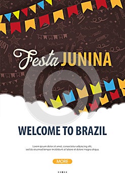 Festa Junina background with hand draw doodle elements and party flags. Brazil or Latin American holiday. Vector illustration.